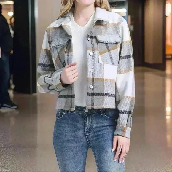 Women Fleece Cropped Jacket Fuzzy Flannel Plaid Sherpa - Picture 2 of 7